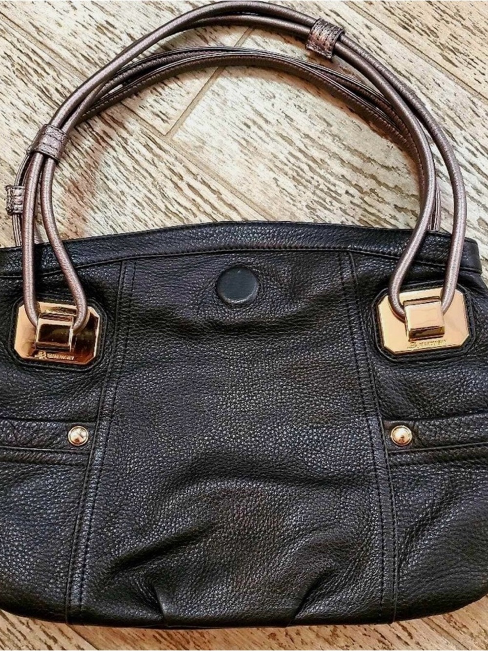 B.Makowsky Dark Brown Leather Shoulder Bag with Signature Gold Hardware GUC